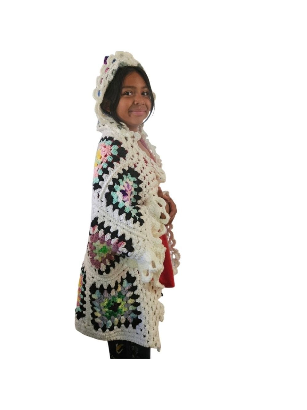 Hand Crafted Crochet Granny Square Cardigan open front Hooded Colorfull Sweater - Picture 15 of 17